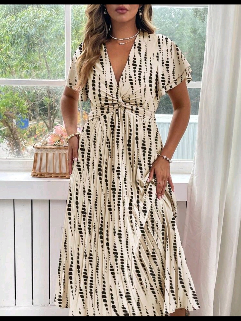 SHEIN Cream Midi Dress with Black Dot-Stripe Print